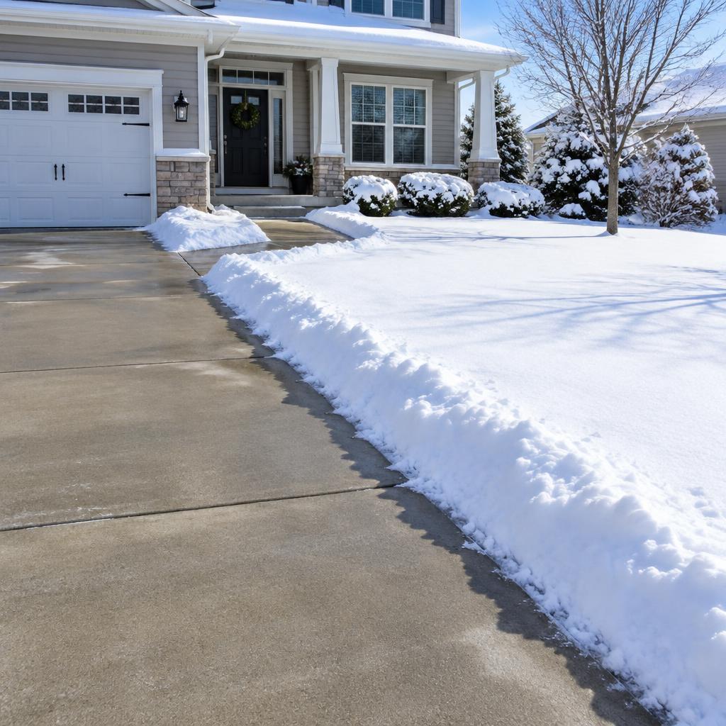 Freshly cleared driveway beside a snow-covered lawn